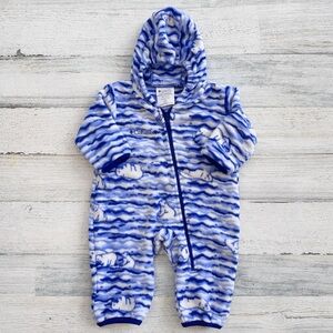 Columbia Baby Fleece Bunting Snowsuit 0-6M Blue Bear Print Hooded Winter Suit